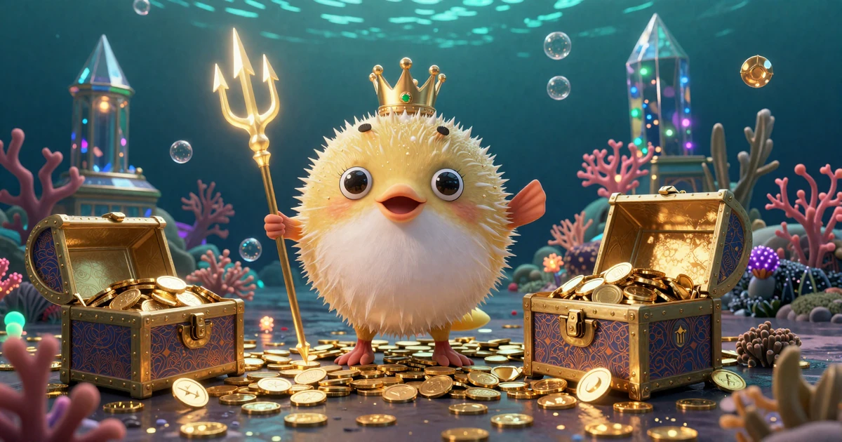 Fugu Casino Cartoon Pufferfish-Maskottchen mit goldener Krone und magischem Dreizack inmitten von Schatztruhen und M&uuml;nzen im Unterwasser-Fantasy-K&ouml;nigreich