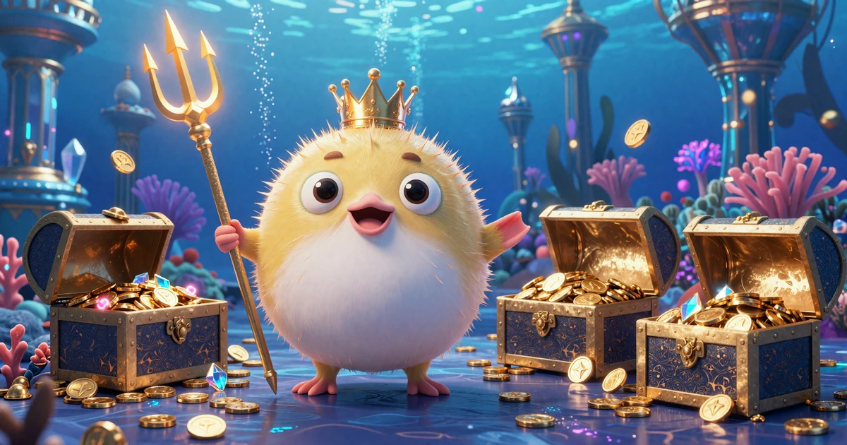 Fugu Casino Pufferfish-Maskottchen mit goldener Krone schwebt &uuml;ber leuchtenden Zahlungssymbolen und Krypto-M&uuml;nzen im Unterwasser-Fantasy-K&ouml;nigreich